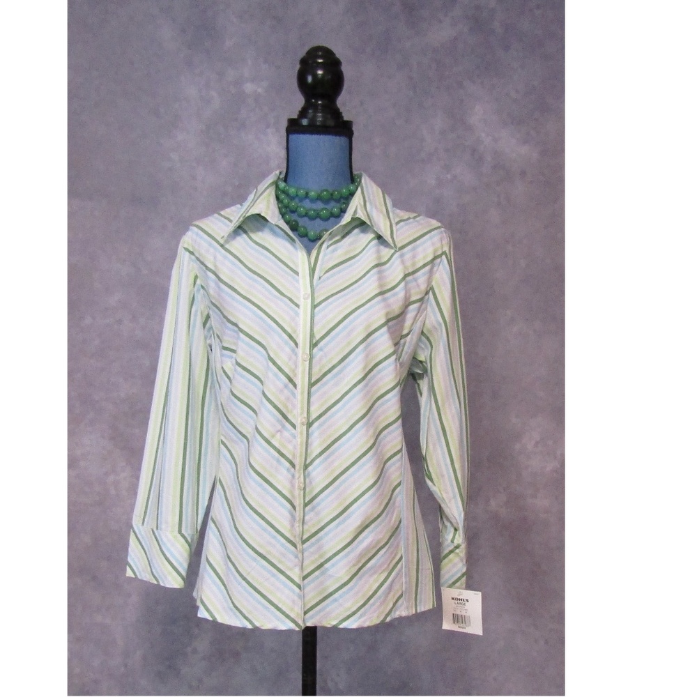 NWT Sonoma Life Style Green Striped Blouse Size L
